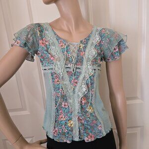 Vintage Cottagecore Lace & Mesh Shirt SZ S